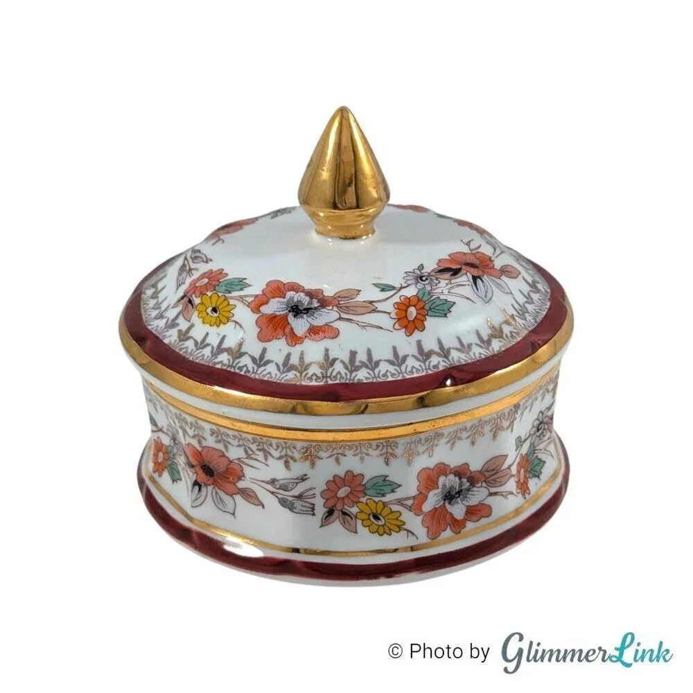 Vintage Porcelanas Portugal Multi Color Floral Porcelain Candy Dish Trinket Box